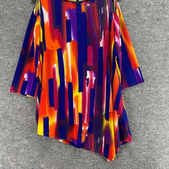 New IC Blouse Women L Large Blue Geometric Cold Shoulder 3/4 Sleeve Round Neck - Picture 4 of 10